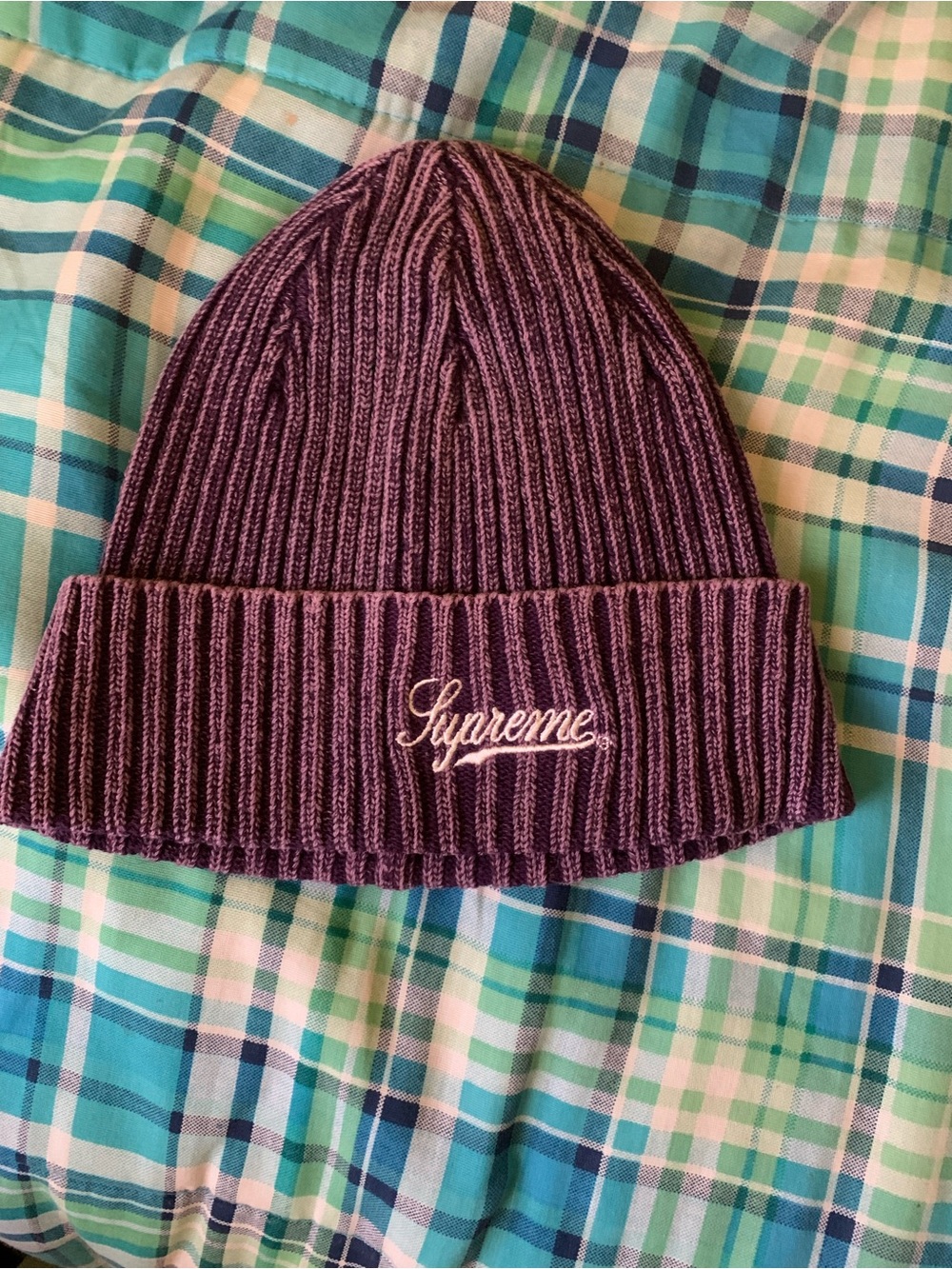 Supreme Purple Ribbed Cotton Beanie with Label